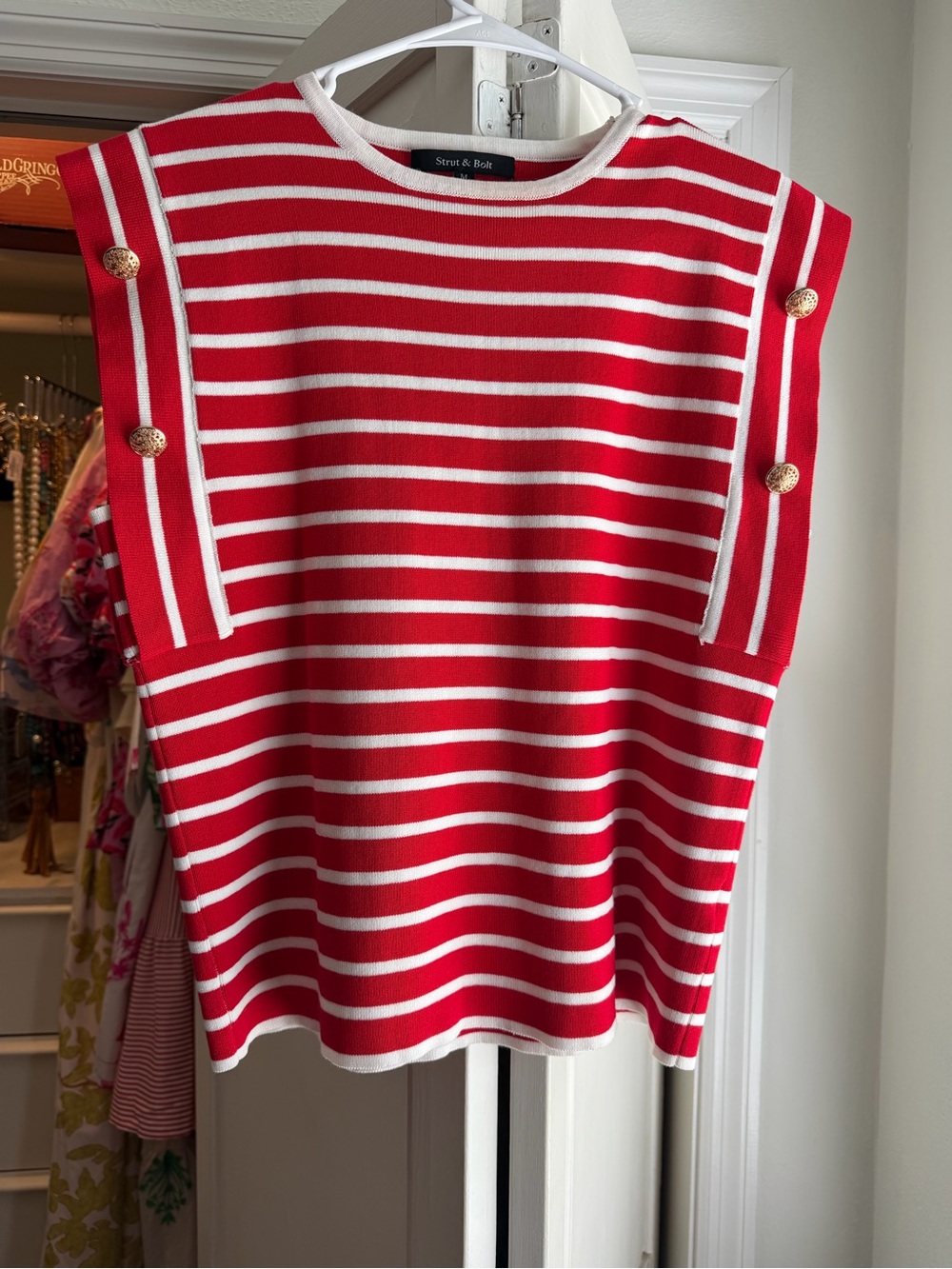 Strut& Bolt Red & White Striped Sleeveless Knit Tank with Gold Buttons